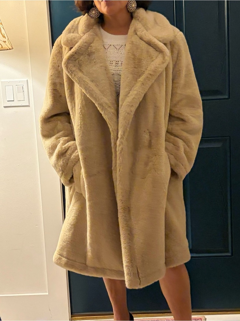 French Connection Cream Faux-Fur Coat